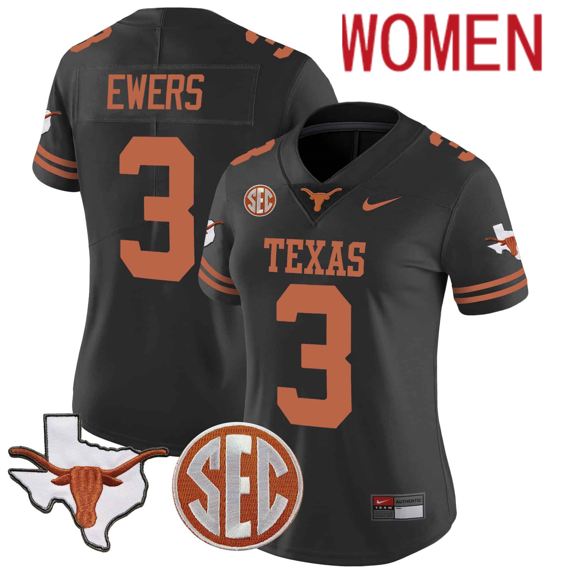 Women Texas Longhorns #3 Ewers Black 2024 Nike State Map & SEC Patch Vapor NCAA Jersey style 1